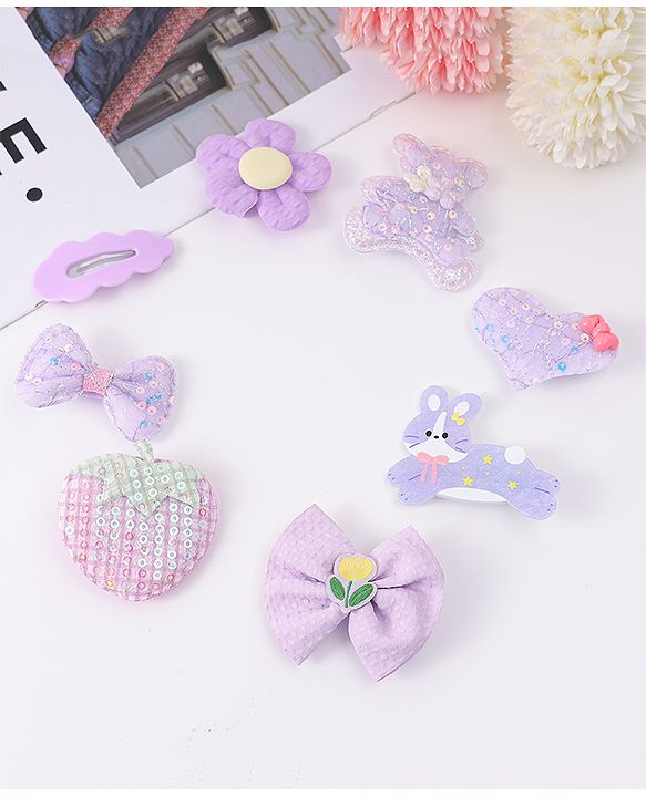 Babyhug Hair Pins and Clips With Bow & Floral Design Pack Of 8 - Purple