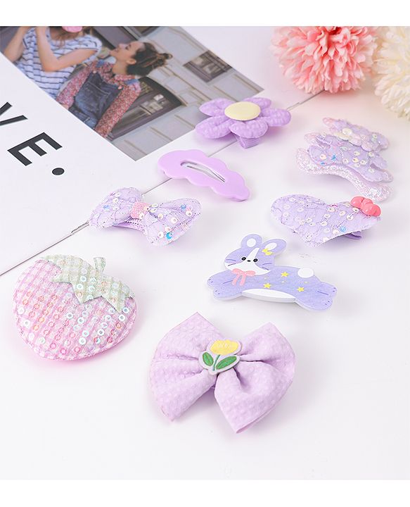Babyhug Hair Pins and Clips With Bow & Floral Design Pack Of 8 - Purple