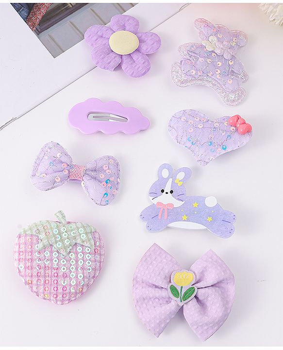 Babyhug Hair Pins and Clips With Bow & Floral Design Pack Of 8 - Purple