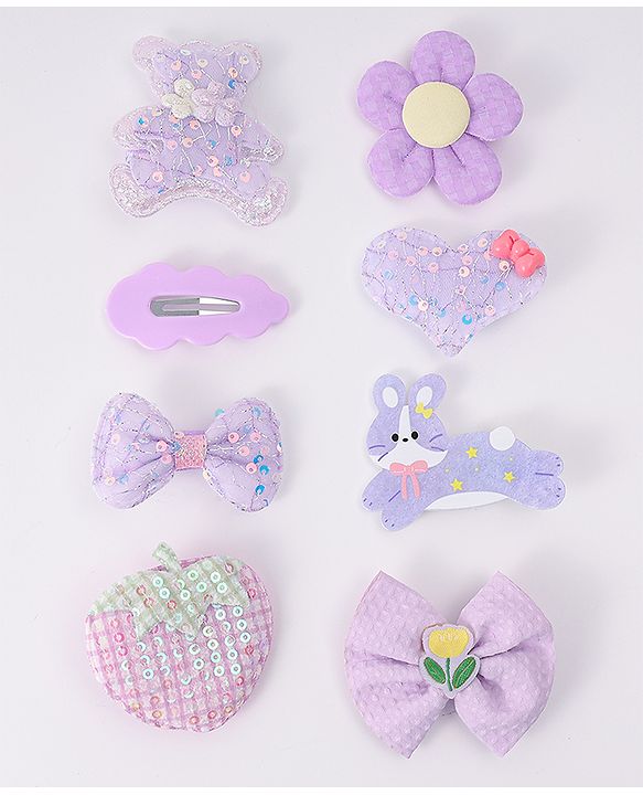Babyhug Hair Pins and Clips With Bow & Floral Design Pack Of 8 - Purple