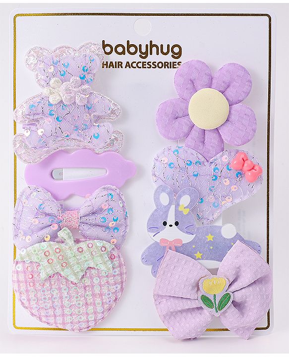 Babyhug Hair Pins and Clips With Bow & Floral Design Pack Of 8 - Purple