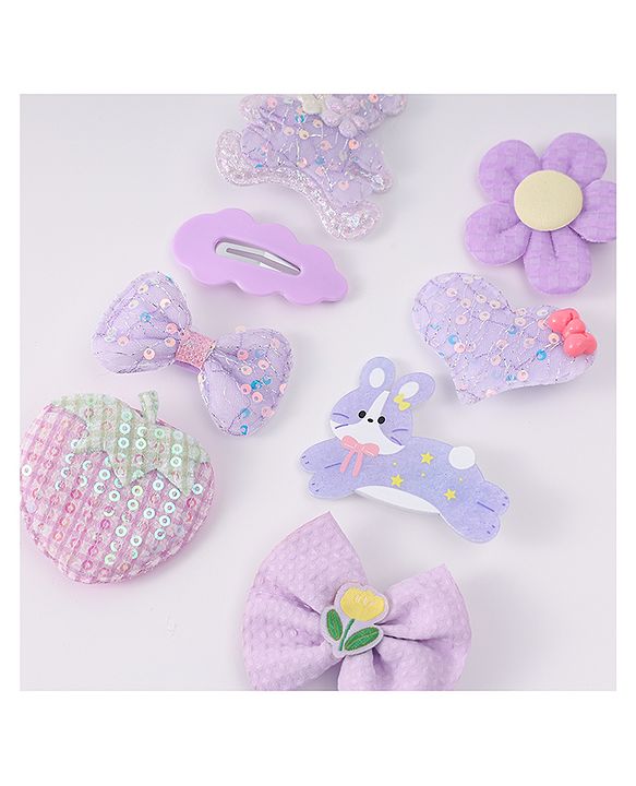 Babyhug Hair Pins and Clips With Bow & Floral Design Pack Of 8 - Purple