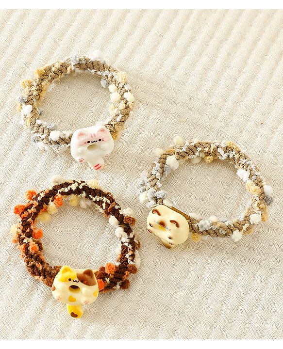 Pine Kids Free Size Rubber Bands & Scrunchies Set With Cat Applique Pack of 3 - Multicolor