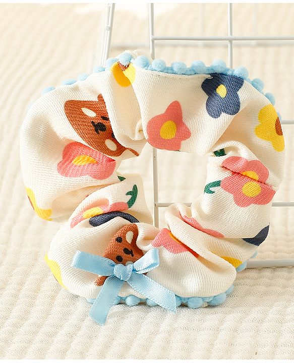 Pine Kids Scrunchies with Floral Print & Bow Applique - Light Blue Pink & Yellow