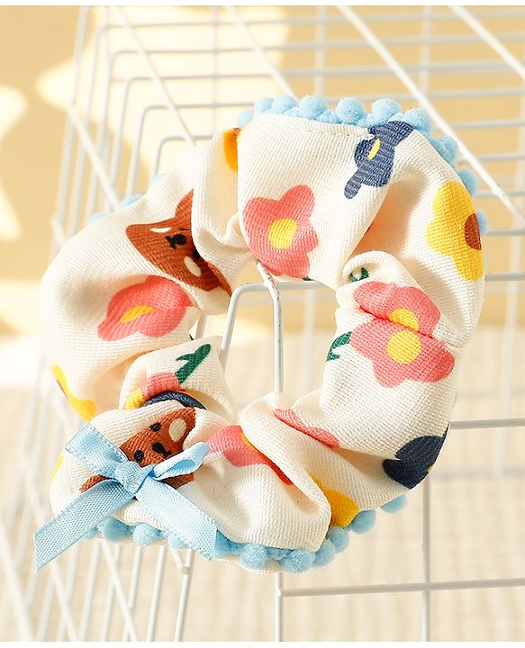 Pine Kids Scrunchies with Floral Print & Bow Applique - Light Blue Pink & Yellow