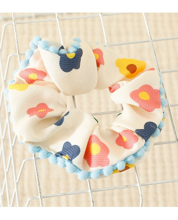 Pine Kids Scrunchies with Floral Print & Bow Applique - Light Blue Pink & Yellow