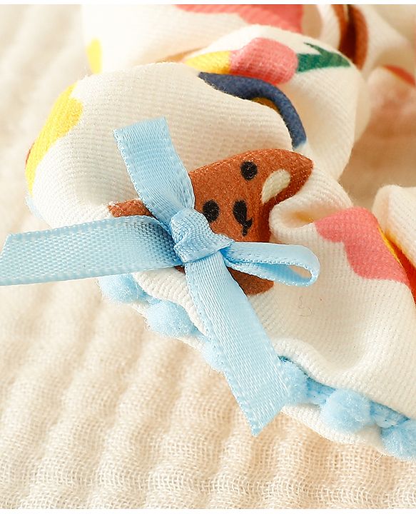 Pine Kids Scrunchies with Floral Print & Bow Applique - Light Blue Pink & Yellow