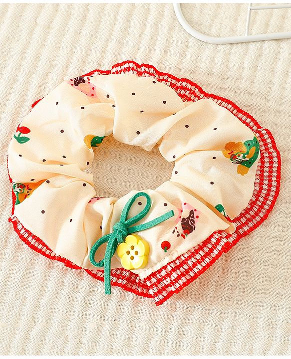 Pine Kids Scrunchies with Floral Print Lace Design & Bow Applique - Red & Cream