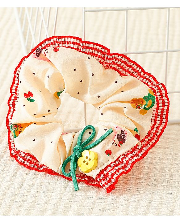Pine Kids Scrunchies with Floral Print Lace Design & Bow Applique - Red & Cream