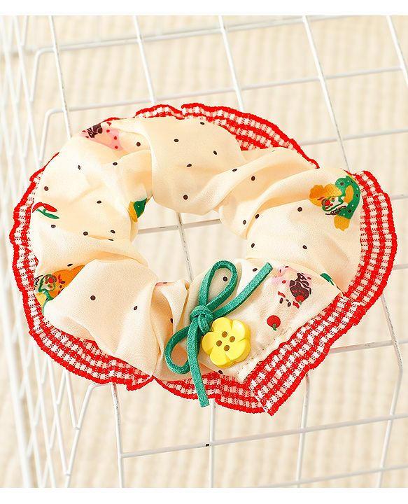 Pine Kids Scrunchies with Floral Print Lace Design & Bow Applique - Red & Cream