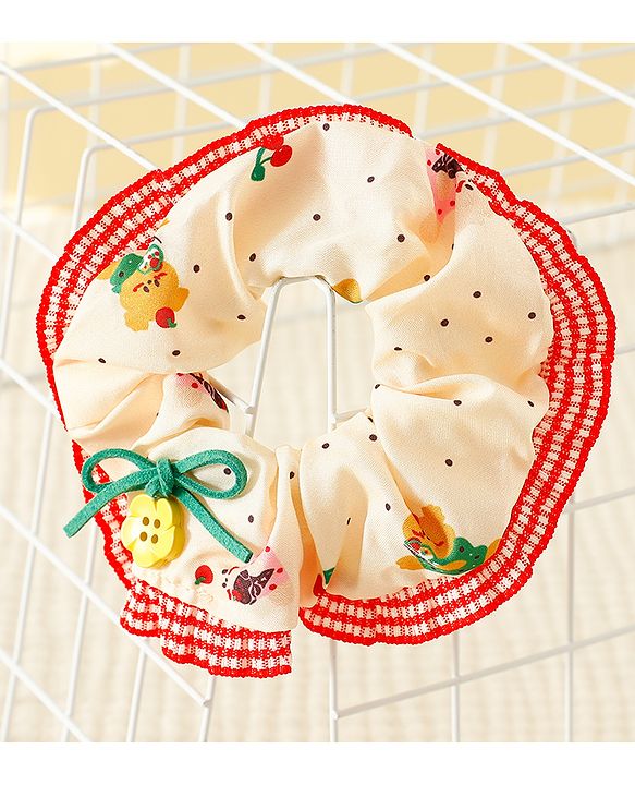 Pine Kids Scrunchies with Floral Print Lace Design & Bow Applique - Red & Cream