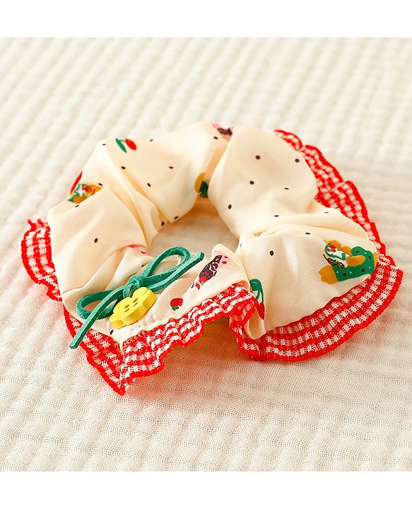 Pine Kids Scrunchies with Floral Print Lace Design & Bow Applique - Red & Cream