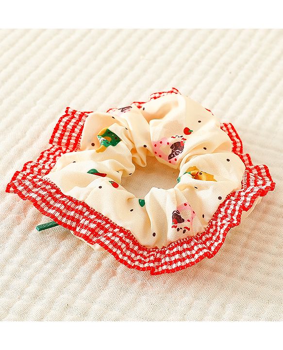 Pine Kids Scrunchies with Floral Print Lace Design & Bow Applique - Red & Cream