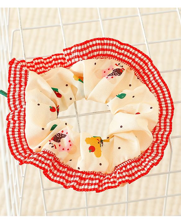 Pine Kids Scrunchies with Floral Print Lace Design & Bow Applique - Red & Cream