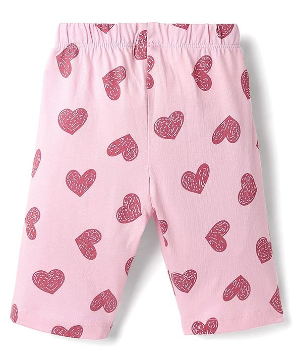Babyhug Cotton Knit Half Sleeves Capri Night Suit With Heart Print - Pink