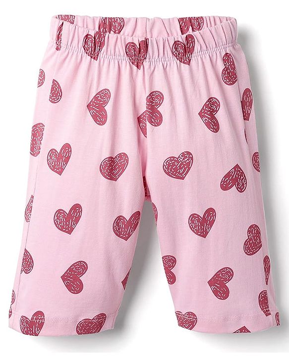 Babyhug Cotton Knit Half Sleeves Capri Night Suit With Heart Print - Pink