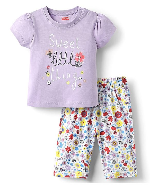 Babyhug Cotton Knit Half Sleeves Capri Night Suit With Floral Print - Lavender