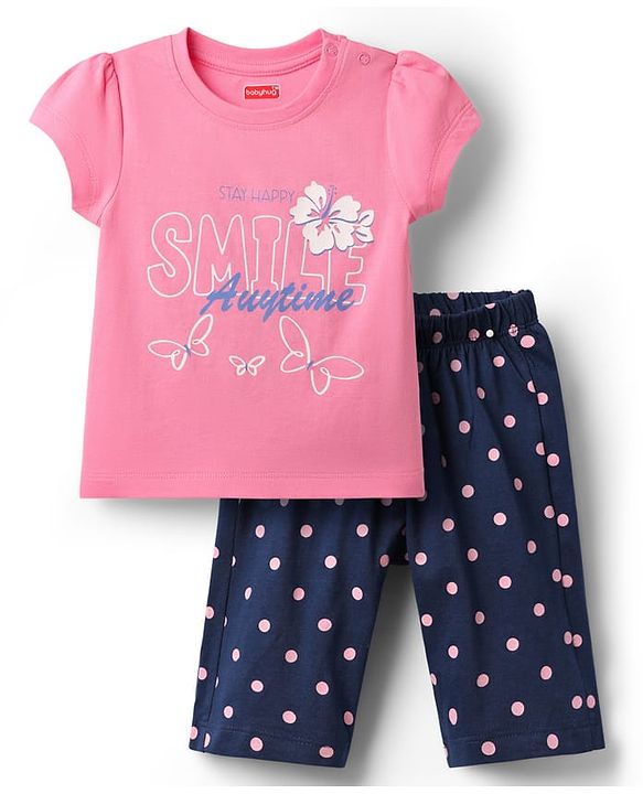 Babyhug Cotton Knit Half Sleeves Capri Set With Polka Dots & Floral Print - Pink & Navy Blue