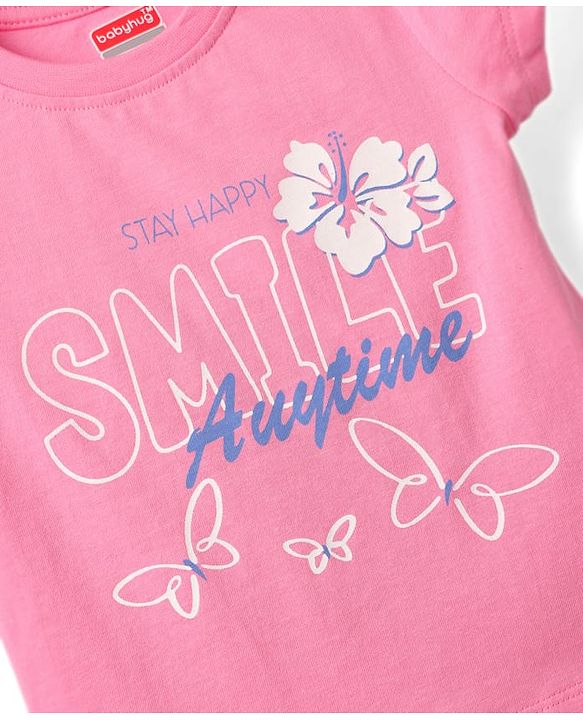 Babyhug Cotton Knit Half Sleeves Capri Set With Polka Dots & Floral Print - Pink & Navy Blue