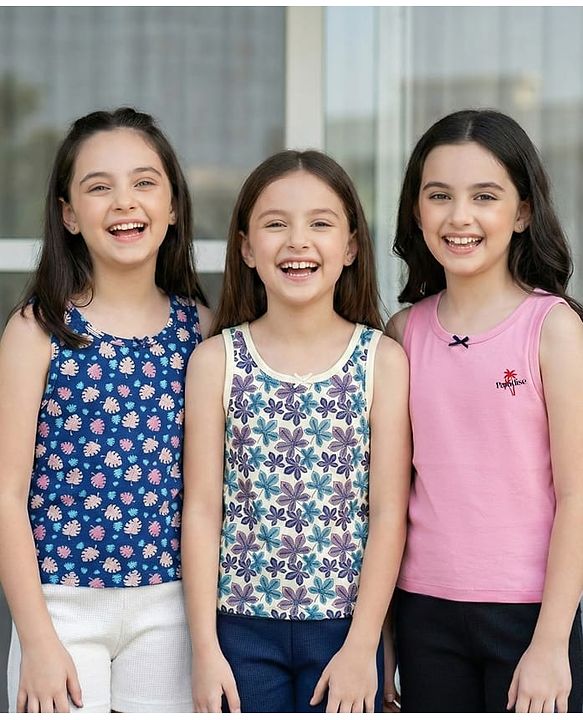 Pine Kids Cotton Lycra Knit Sleeveless Vests With Floral Print Pack Of 3 (Color May Vary)