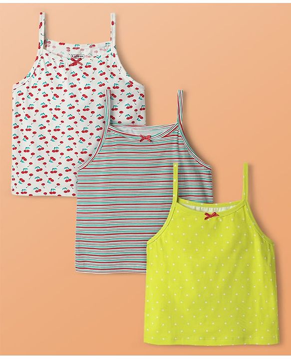 Pine Kids Cotton Elastane Knit Sleeveless Slip With Stripes & Polka Dots Pack Of 3 - Yellow White & Green