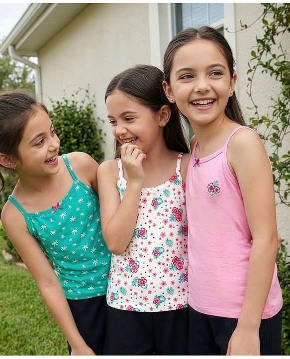 Pine Kids Cotton Knit Sleeveless Slips With Floral Print Pack Of 3 (Colour May Vary)