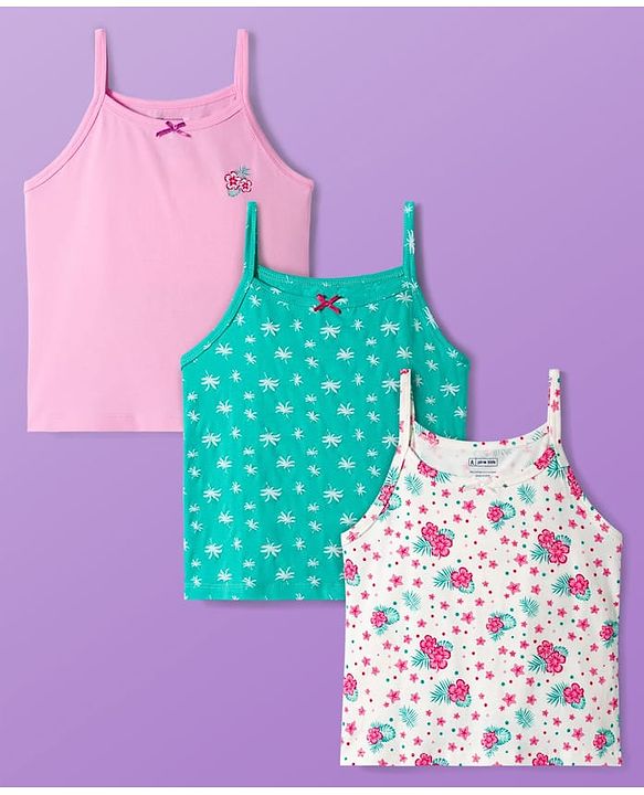 Pine Kids Cotton Knit Sleeveless Slips With Floral Print Pack Of 3 (Colour May Vary)