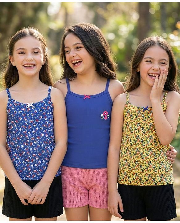Pine Kids Cotton Knit Sleeveless Slips with Floral Print Pack of 3 (Color May Vary)