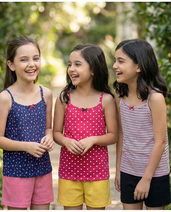 Pine Kids Cotton Knit Sleeveless Slips with Stripes & Polka Dots Pack of 3 (Color May Vary)