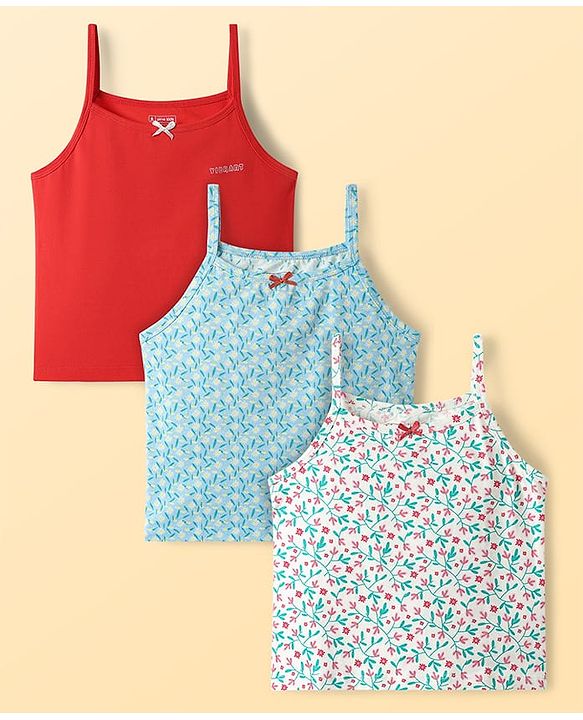Pine Kids Cotton Elastane Knit Sleeveless Slip with Floral Design Pack of 3 - Red Light Blue & Pink