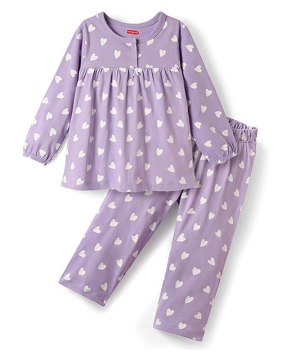 Babyhug Cotton Knit Full Sleeves Co-ords Night Suit With Heart Print - Purple