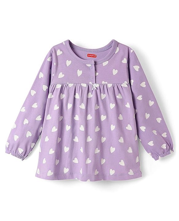 Babyhug Cotton Knit Full Sleeves Co-ords Night Suit With Heart Print - Purple