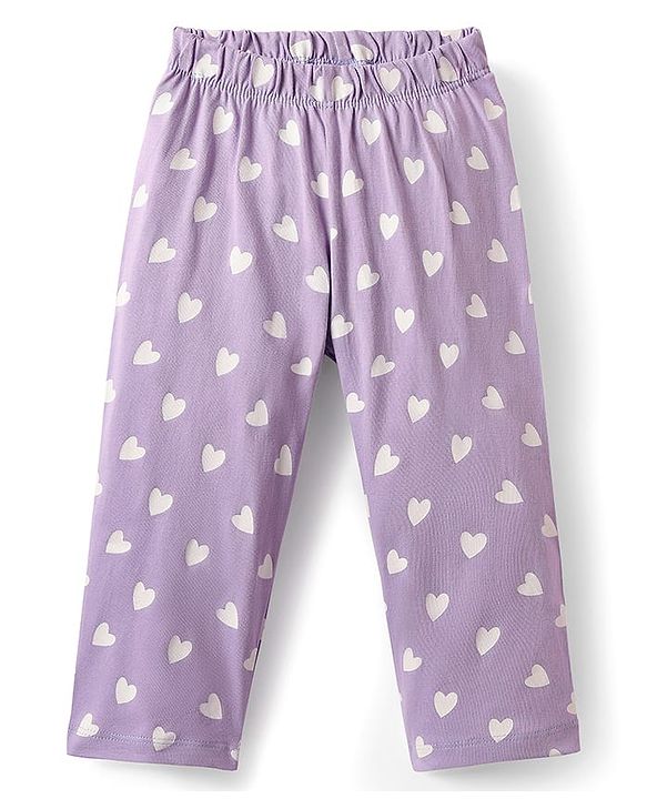 Babyhug Cotton Knit Full Sleeves Co-ords Night Suit With Heart Print - Purple