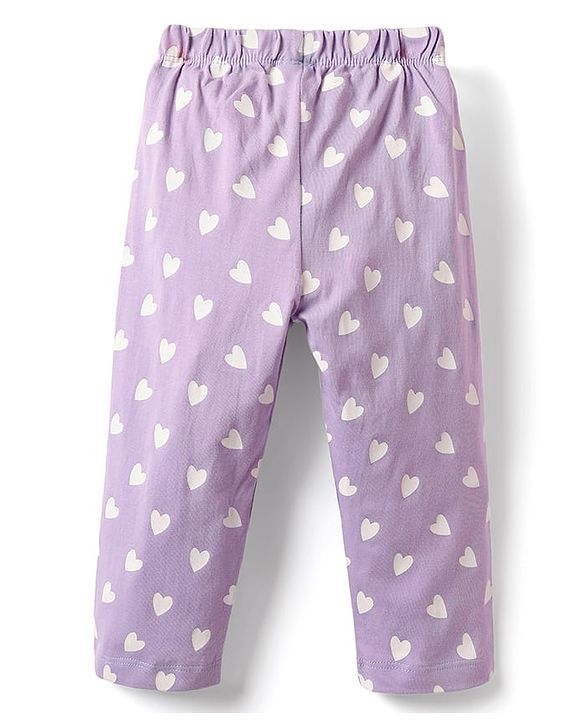 Babyhug Cotton Knit Full Sleeves Co-ords Night Suit With Heart Print - Purple