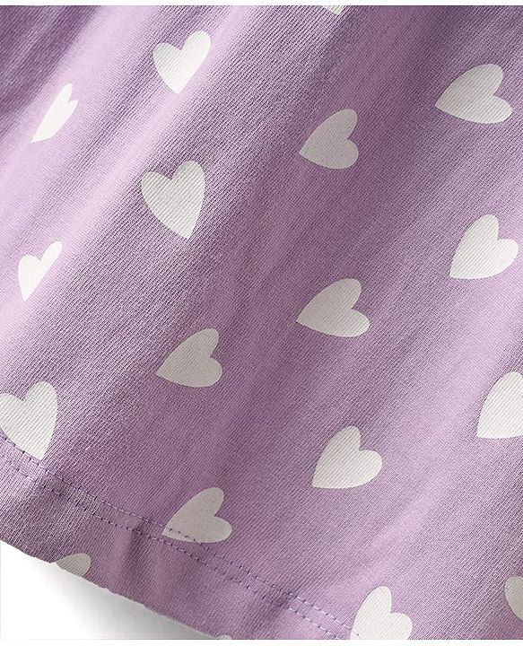 Babyhug Cotton Knit Full Sleeves Co-ords Night Suit With Heart Print - Purple