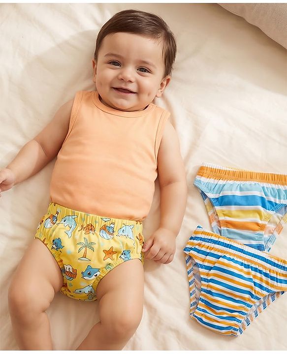 Babyhug 100% Cotton Single Jersey Knit Antibacterial Briefs With Stripes & Fish Print Pack of 3 - Blue Yellow & Light Blue