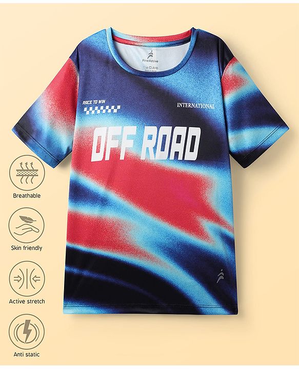 Pine Active Knit Half Sleeves T-Shirt with Text Print - Navy Blue