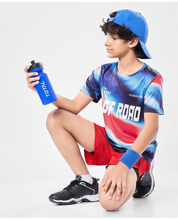 Pine Active Knit Half Sleeves T-Shirt with Text Print - Navy Blue