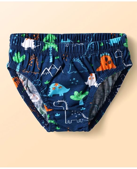 Babyhug 100% Cotton Single Jersey Knit Antibacterial Briefs With Star Stripes & Dino Print Pack Of 3 - Orange Navy Blue & Light Blue