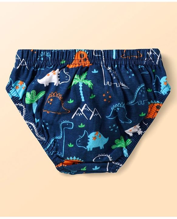 Babyhug 100% Cotton Single Jersey Knit Antibacterial Briefs With Star Stripes & Dino Print Pack Of 3 - Orange Navy Blue & Light Blue