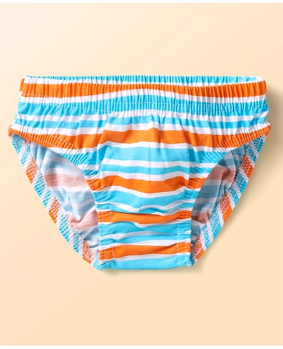 Babyhug 100% Cotton Single Jersey Knit Antibacterial Briefs With Star Stripes & Dino Print Pack Of 3 - Orange Navy Blue & Light Blue