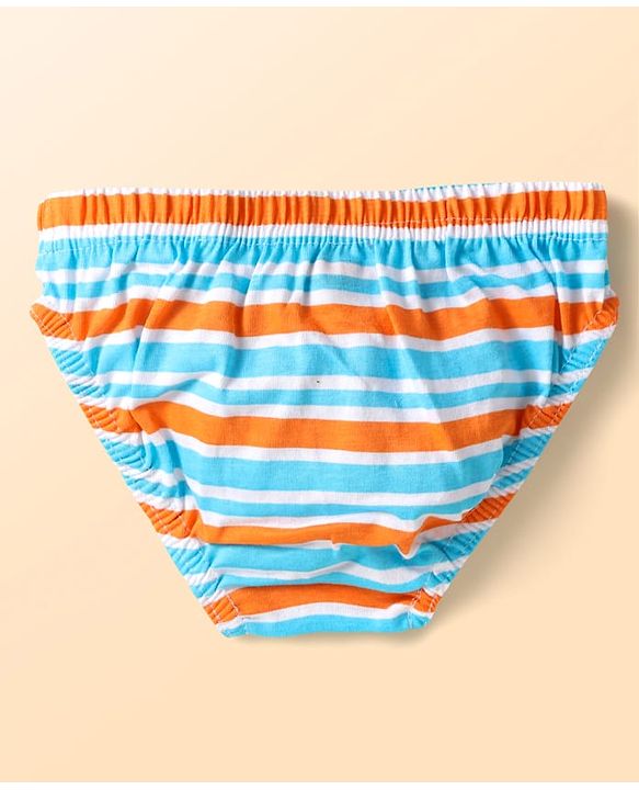 Babyhug 100% Cotton Single Jersey Knit Antibacterial Briefs With Star Stripes & Dino Print Pack Of 3 - Orange Navy Blue & Light Blue
