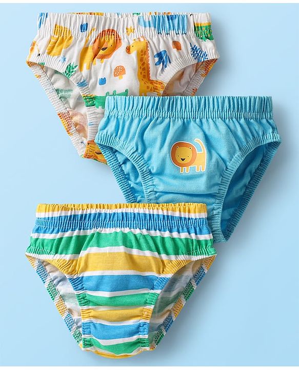Babyhug 100% Cotton Antibacterial Briefs With Stripes & Animal Print Pack Of 3 - Light Blue White & Yellow