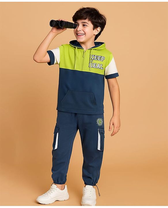 Pine Kids Cotton Knit Half Sleeves Cut & Sew Hooded T-Shirt & Joggers Set with Text Print - Limegreen