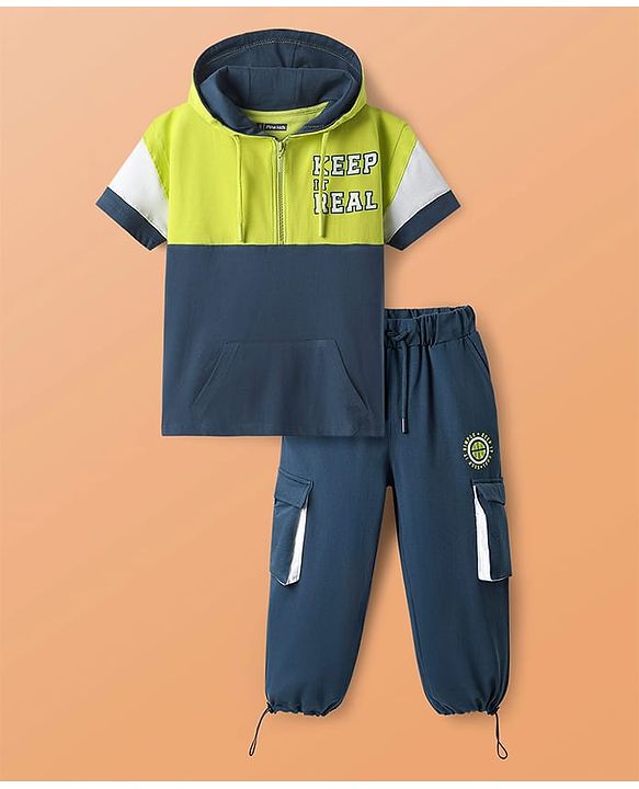 Pine Kids Cotton Knit Half Sleeves Cut & Sew Hooded T-Shirt & Joggers Set with Text Print - Limegreen