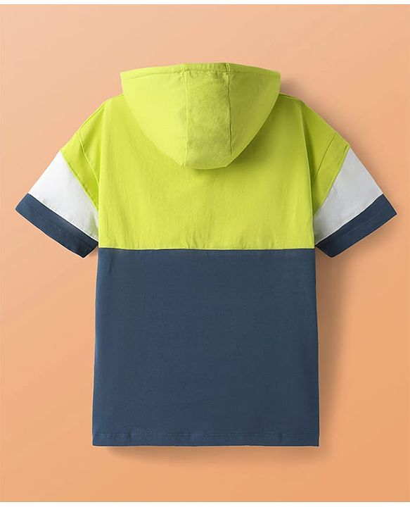 Pine Kids Cotton Knit Half Sleeves Cut & Sew Hooded T-Shirt & Joggers Set with Text Print - Limegreen