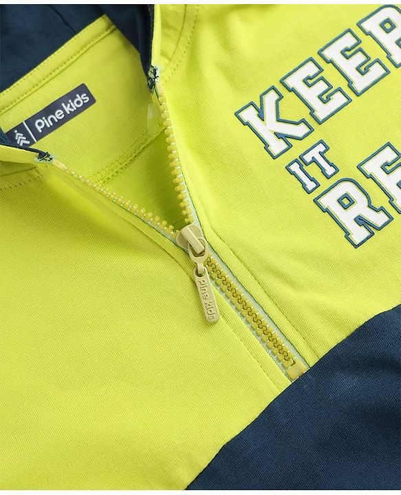 Pine Kids Cotton Knit Half Sleeves Cut & Sew Hooded T-Shirt & Joggers Set with Text Print - Limegreen