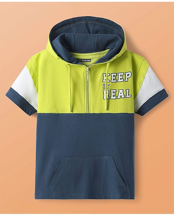Pine Kids Cotton Knit Half Sleeves Cut & Sew Hooded T-Shirt & Joggers Set with Text Print - Limegreen