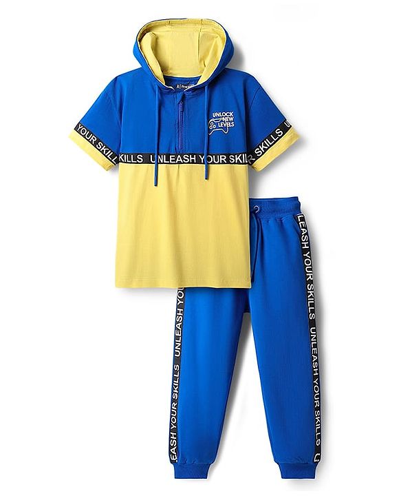 Pine Kids Cotton Knit Half Sleeves Cut & Sew Hooded T-Shirt & Lounge Pant Set with Text Print - Blue & Yellow