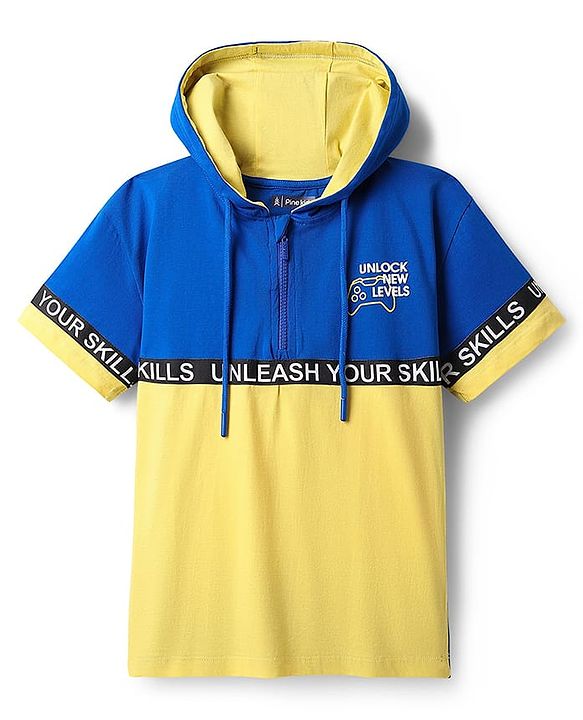 Pine Kids Cotton Knit Half Sleeves Cut & Sew Hooded T-Shirt & Lounge Pant Set with Text Print - Blue & Yellow